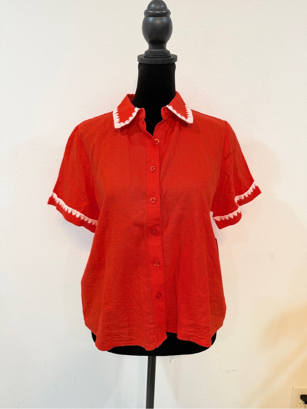 NWT Calligraphie Red Linen Blend Button Up Blouse White Trim Embroidered Size S